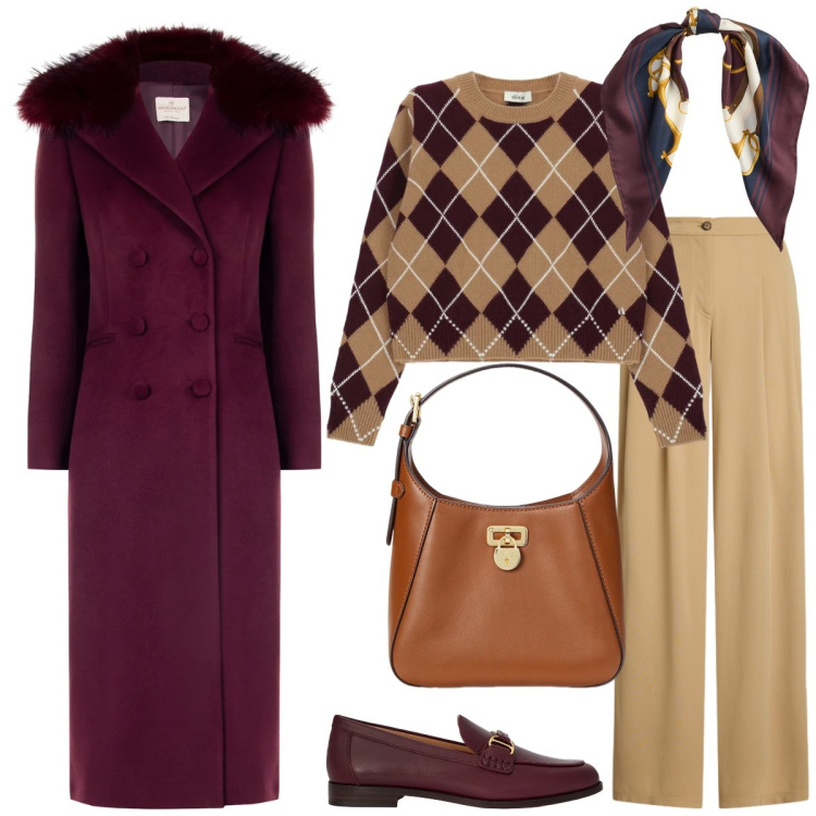 Outfit donna - Total look #2330248. Stile Chic per Ufficio. Abbinamento con maglieria, cappotti, pantaloni, foulard, mocassini, borse a tracolla.