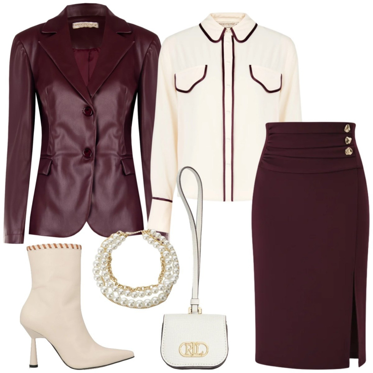 Outfit donna - Total look #2330262. Stile Chic per Tutti i giorni. Abbinamento con stivaletti, blazer, camicie, gonne longuette, collane, pochette.