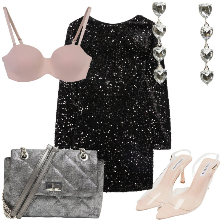 Outfit donna - Terranova-San Valentino: primo amore. Stile Glamour per Serata fuori. Abbinamento con vestiti corti, reggiseni, orecchini, sandali col tacco, borse a tracolla.