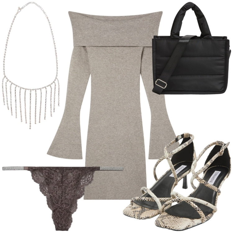 Outfit donna - Terranova San Valentino: stasera con te. Stile Glamour per Serata fuori. Abbinamento con shopping bag, collane, sandali col tacco, vestiti corti, culotte.