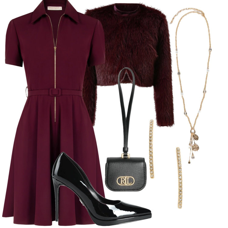 Outfit donna - Burgundy dress. Stile Casual chic per Serata fuori. Abbinamento con décolleté, vestiti corti, blazer, pochette, orecchini, ciondoli.
