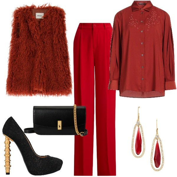 Outfit donna - Burgundy Love. Stile Glamour per Serata fuori. Abbinamento con décolleté, camicie, gilet, pantaloni, clutch, orecchini.