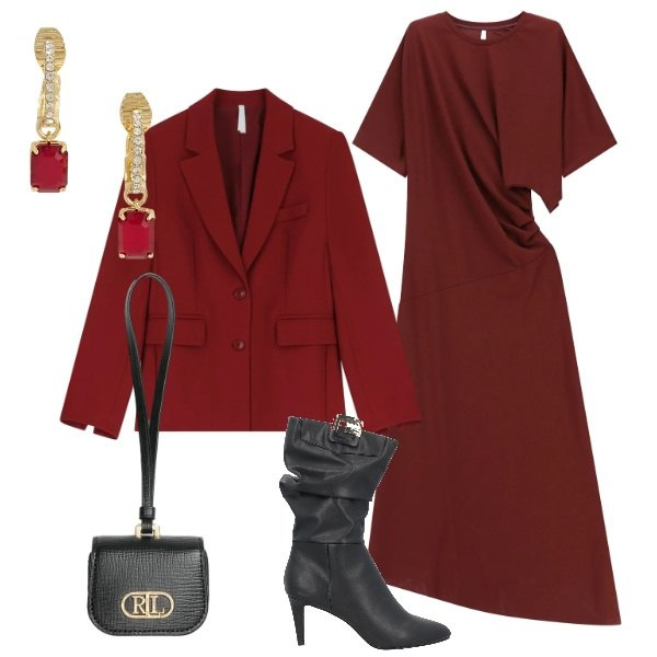 Outfit donna - Burgundy Love. Stile Vintage retrò per Serata fuori. Abbinamento con stivali, vestiti lunghi, blazer, orecchini, pochette.