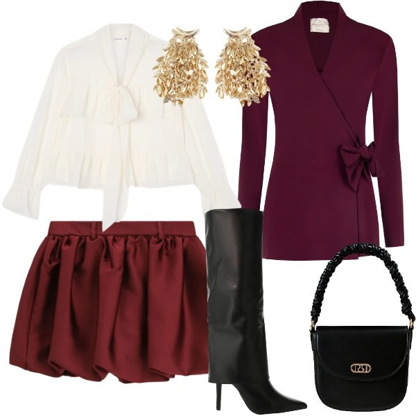 Outfit donna - Burgundy Love. Stile Trendy per Serata fuori. Abbinamento con minigonne, stivali, orecchini, camicie, blazer, borse a mano.
