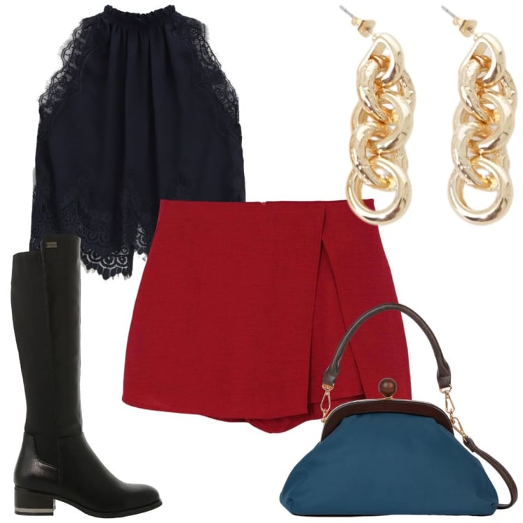 Outfit donna - Burgundy love : San Valentino trendy. Stile Trendy per Serata fuori. Abbinamento con stivali sopra il ginocchio, bluse, orecchini, gonne, clutch.
