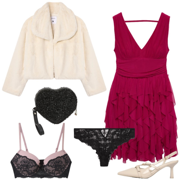 Outfit donna - Total look #2330314. Stile Romantica per Serata fuori. Abbinamento con vestiti, reggiseni push-up, portafogli, culotte, ecopellicce, décolleté.
