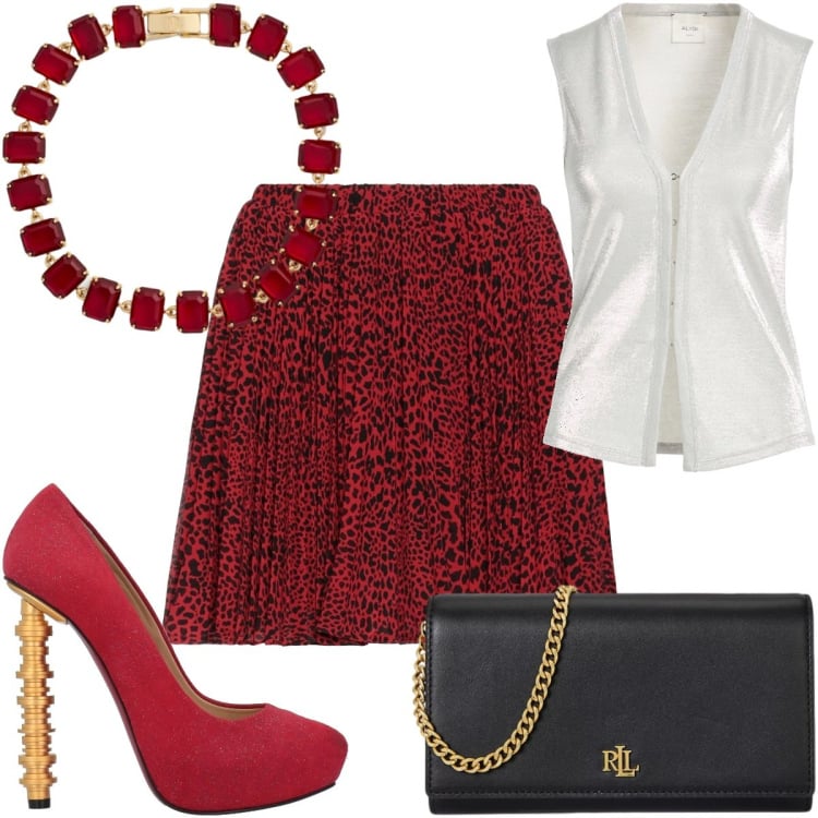 Outfit donna - Burgundy Love : San Valentino glamour. Stile Glamour per Serata fuori. Abbinamento con minigonne, décolleté, top, borse a tracolla, braccialetti.