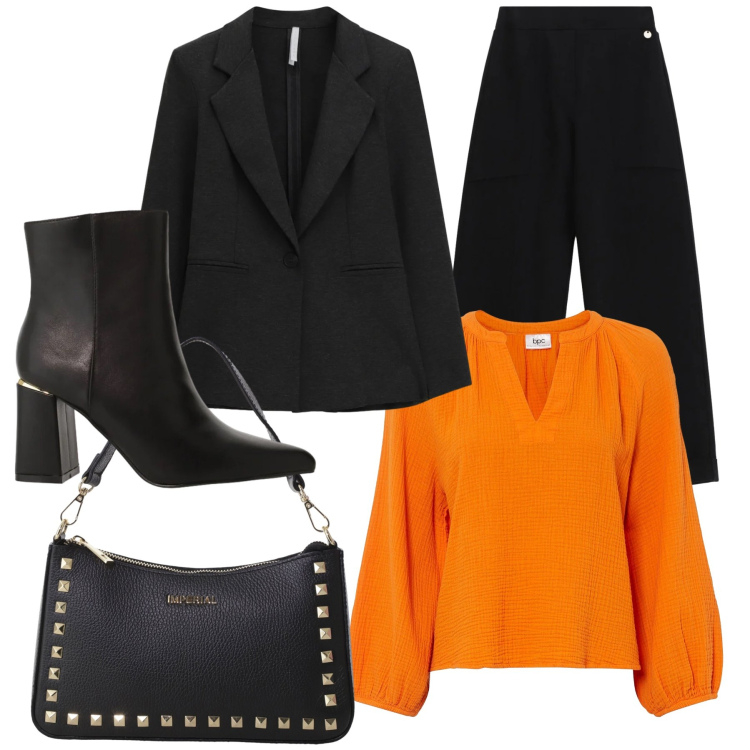 Outfit donna - Total look #2330320. Stile Glamour per Ufficio. Abbinamento con bluse, pochette, blazer, pantaloni, stivaletti.