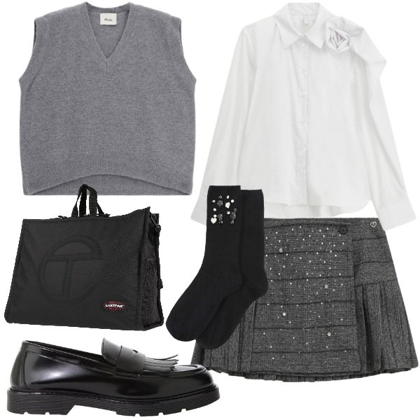 Outfit donna - Tessuti morbidi che valorizzano - FDCI. Stile Preppy per Scuola/Università. Abbinamento con zaini, camicie, mocassini, calzini, maglieria, minigonne.