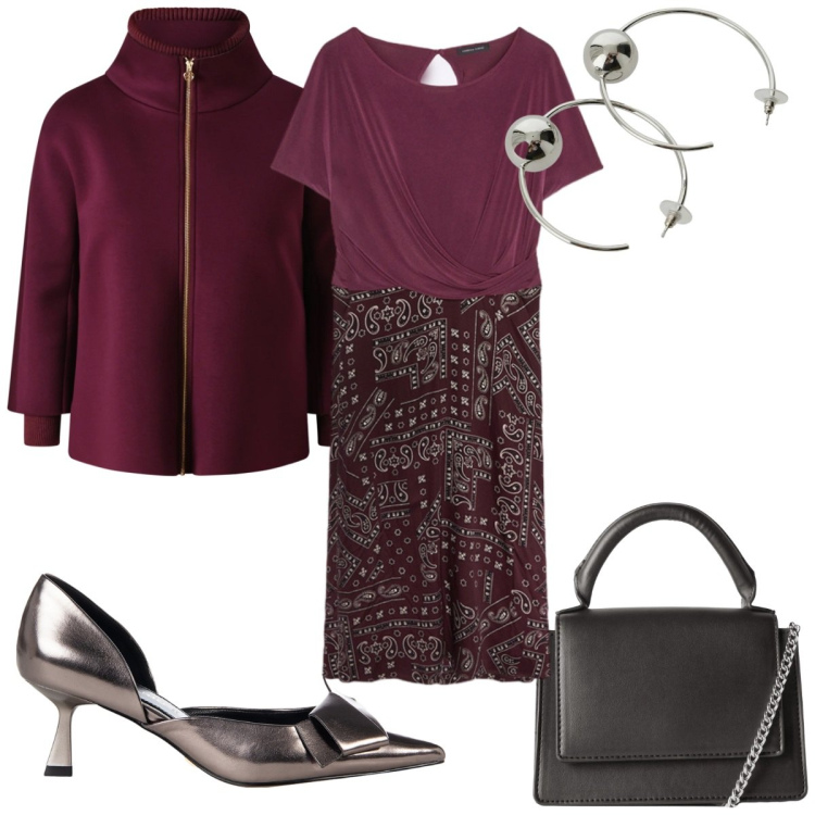 Outfit donna - Burgundy Love : il vestito. Stile Trendy per Serata fuori. Abbinamento con orecchini, borse a tracolla, cappe, décolleté, vestiti midi/longuette.