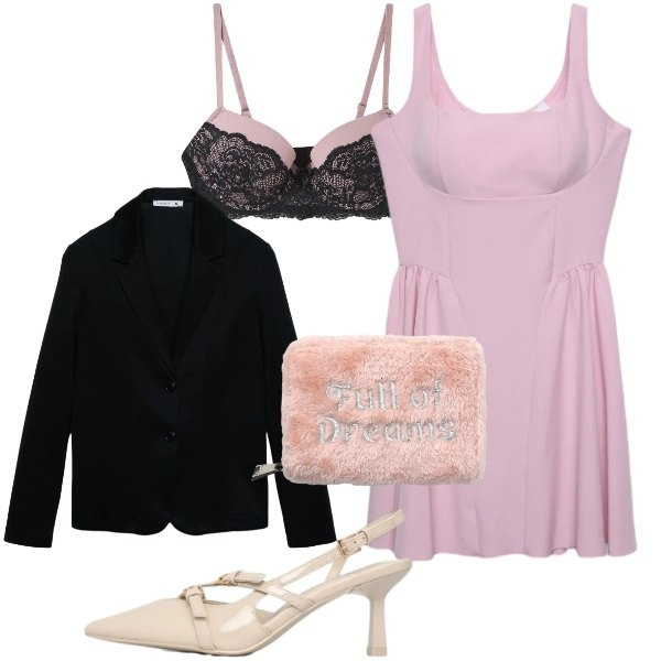 Outfit donna - Terranova - San Valentino. Stile Glamour per Serata fuori. Abbinamento con blazer, portafogli, décolleté, vestiti, reggiseni push-up.