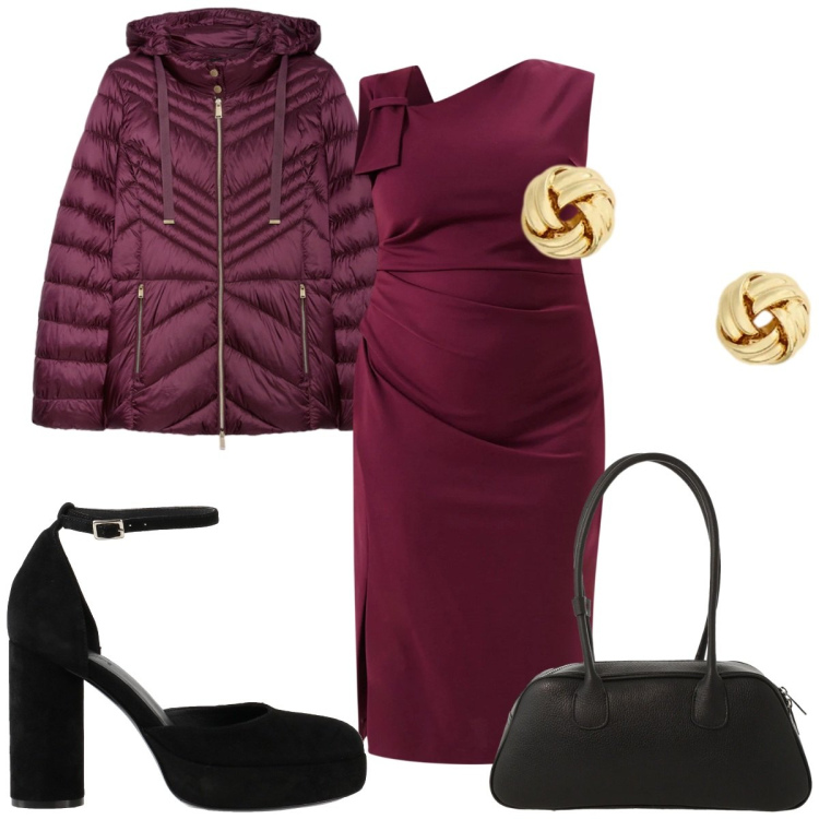 Outfit donna - Burgundy Love: curvy glamour. Stile Glamour per Serata fuori. Abbinamento con décolleté, borse a mano, vestiti a tubino, orecchini, piumini.