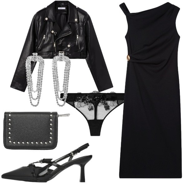 Outfit donna - Terranova - San Valentino. Stile Rock per Serata fuori. Abbinamento con vestiti asimmetrici, giacche, décolleté, portafogli, perizomi, orecchini.