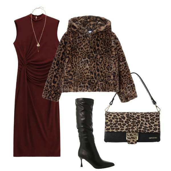 Outfit donna - anche così. Stile Sexy per Serata fuori. Abbinamento con stivali sopra il ginocchio, borse a spalla, vestiti midi/longuette, collane, ecopellicce.