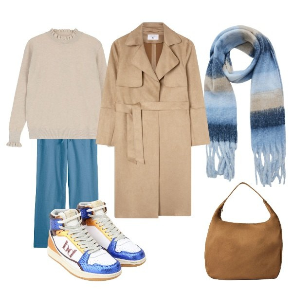 Outfit donna - occhio alle scarpe. Stile Casual per Ufficio. Abbinamento con pantaloni a palazzo, sneakers alte, maglieria, sciarpe, borse a mano, trench.