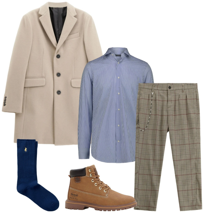 Outfit uomo - Total look #2330336. Stile Trendy per Tutti i giorni. Abbinamento con stivali e stivaletti, cappotti, pantaloni, calzini, camicie.