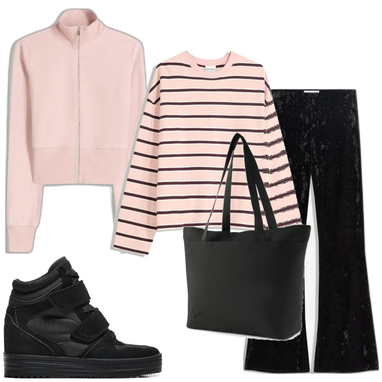 Outfit mujer - Casual look. Estilo Casual para Escuela/Universidad. Combinación con sudaderas, sudaderas, sneakers, bolso tote, pantalones.
