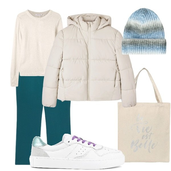 Outfit donna - al mercatino. Stile Basic per Tutti i giorni. Abbinamento con borse tote, maglieria, berretti, bomber, pantaloni, sneakers.