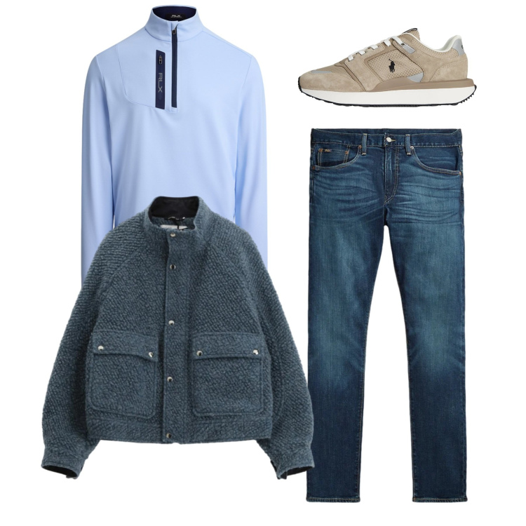 Outfit uomo - Total look cielo. Stile Casual per Tutti i giorni. Abbinamento con bomber, jeans, sneakers, pullovers.