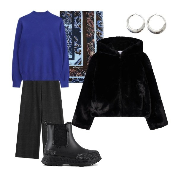 Outfit donna - Total look #2330357. Stile Basic per Tutti i giorni. Abbinamento con ecopellicce, maglieria, pantaloni a palazzo, orecchini, stivali, foulard.