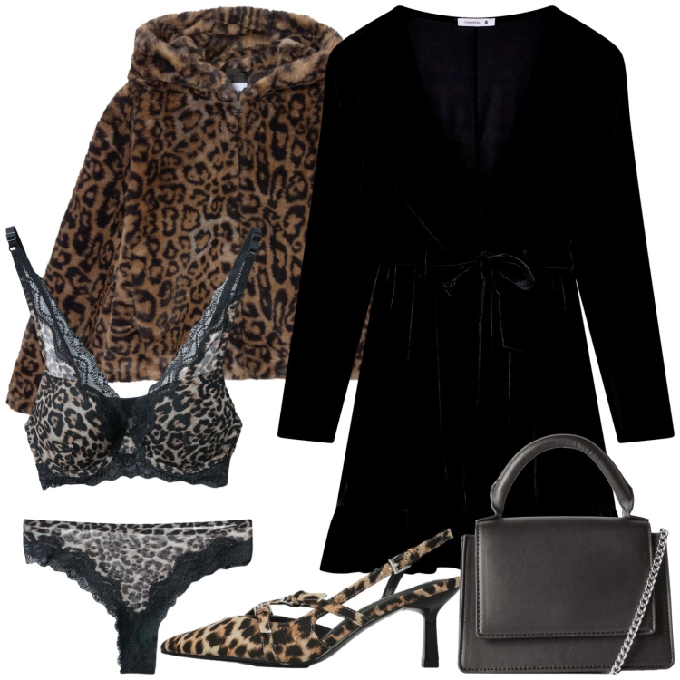 Outfit donna - Abito in velluto e intimo in pizzo. Stile Casual chic per Serata fuori. Abbinamento con borse a tracolla, culotte, ecopellicce, vestiti corti, reggiseni push-up, décolleté.