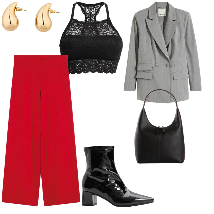 Outfit donna - Intimo san valentino. per Serata fuori. Abbinamento con reggiseni, orecchini, blazer, shopping bag, pantaloni a palazzo, stivaletti.