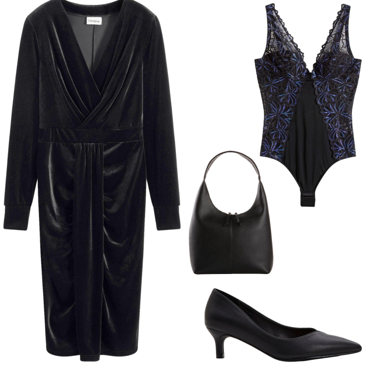 Outfit donna - Intimo per san Valentino. Stile Chic per Serata fuori. Abbinamento con vestiti midi/longuette, décolleté, shopping bag, body.