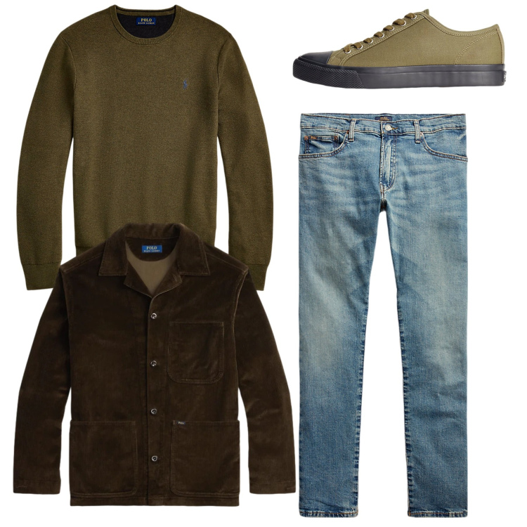 Outfit uomo - Total look woodmood. Stile Casual per Tutti i giorni. Abbinamento con sneakers, jeans, maglieria, giacche.