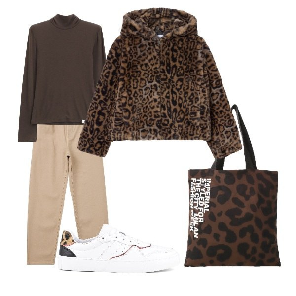 Outfit donna - un caffè la mattina. Stile Urban per Tutti i giorni. Abbinamento con pantaloni, ecopellicce, shopping bag, maglieria, sneakers.
