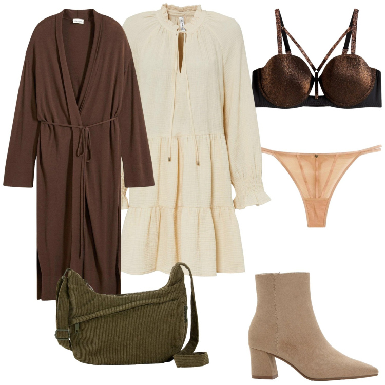 Outfit donna - Intimo san valentino. per Tutti i giorni. Abbinamento con vestiti, cappotti, borse a tracolla, stivaletti, perizomi, reggiseni a balconcino.