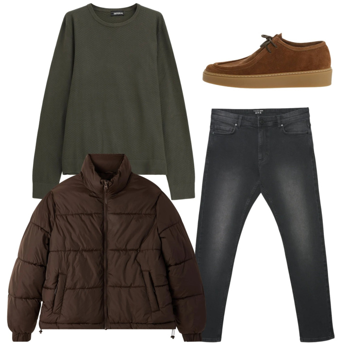 Outfit uomo - Total look. Stile Casual per Tutti i giorni. Abbinamento con bomber, jeans skinny, maglieria, scarpe stringate.