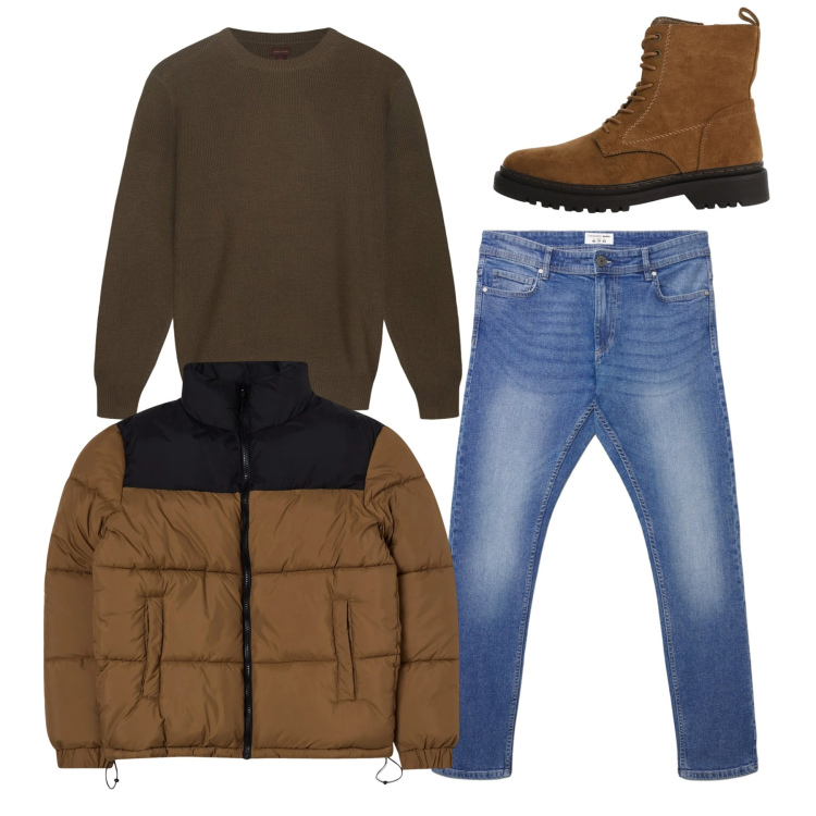 Outfit uomo - Total look in città. Stile Casual per Tutti i giorni. Abbinamento con bomber, jeans skinny, anfibi, maglieria.