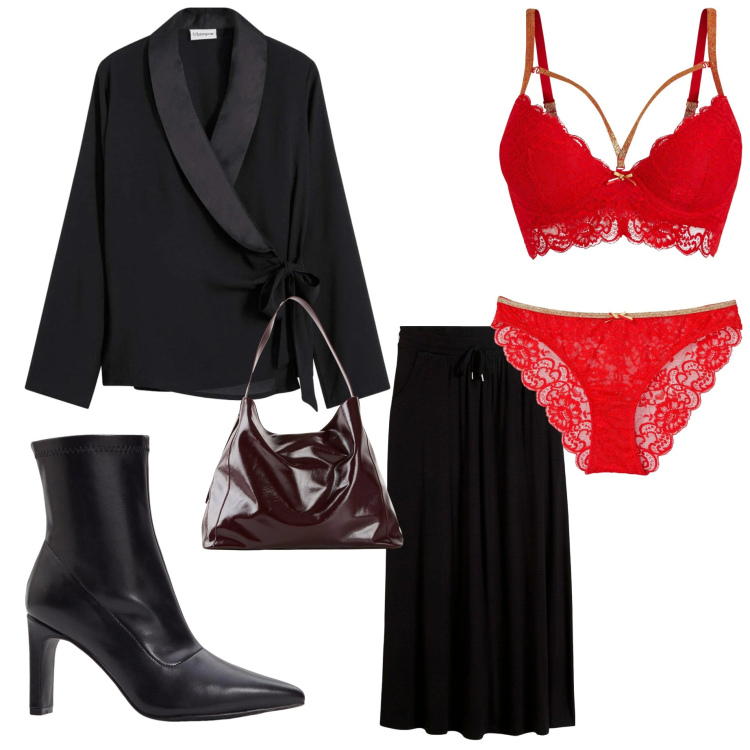 Outfit donna - Intimo per san Valentino. Stile Chic per Serata fuori. Abbinamento con gonne, shopping bag, blazer, reggiseni, culotte, stivaletti.
