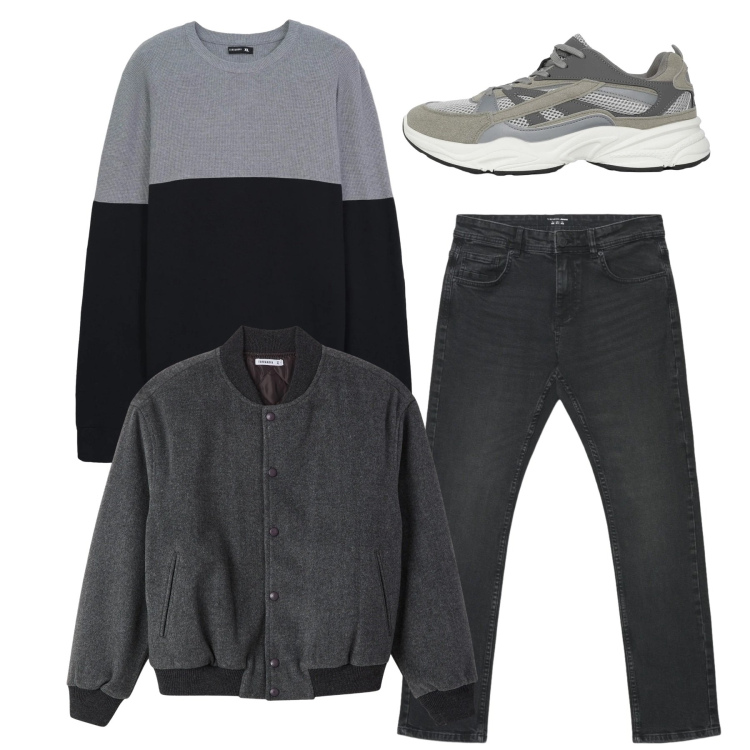 Outfit uomo - Total look. Stile Casual per Tutti i giorni. Abbinamento con sneakers, maglieria, bomber, jeans.