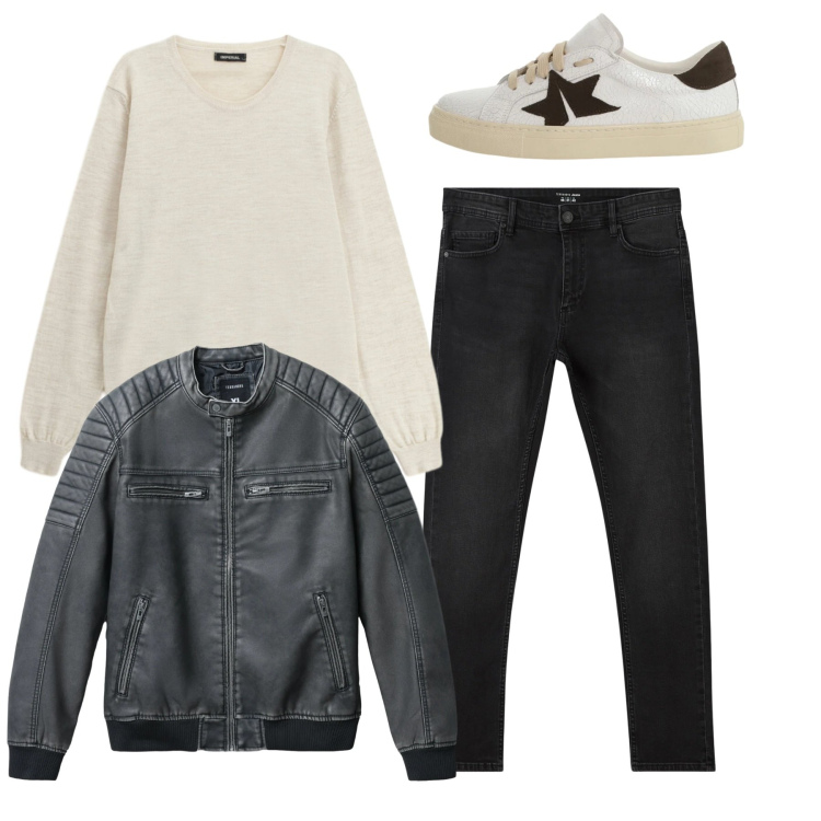 Outfit uomo - Total biker. Stile Urban per Tutti i giorni. Abbinamento con jeans skinny, giacche, maglieria, sneakers.
