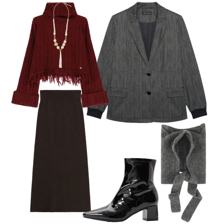 Outfit donna - Chic in Burgundy: Dolcezza e Carattere. Stile Casual chic per Tutti i giorni. Abbinamento con stivaletti, gonne lunghe, cappotti, maglieria, blazer, ciondoli.