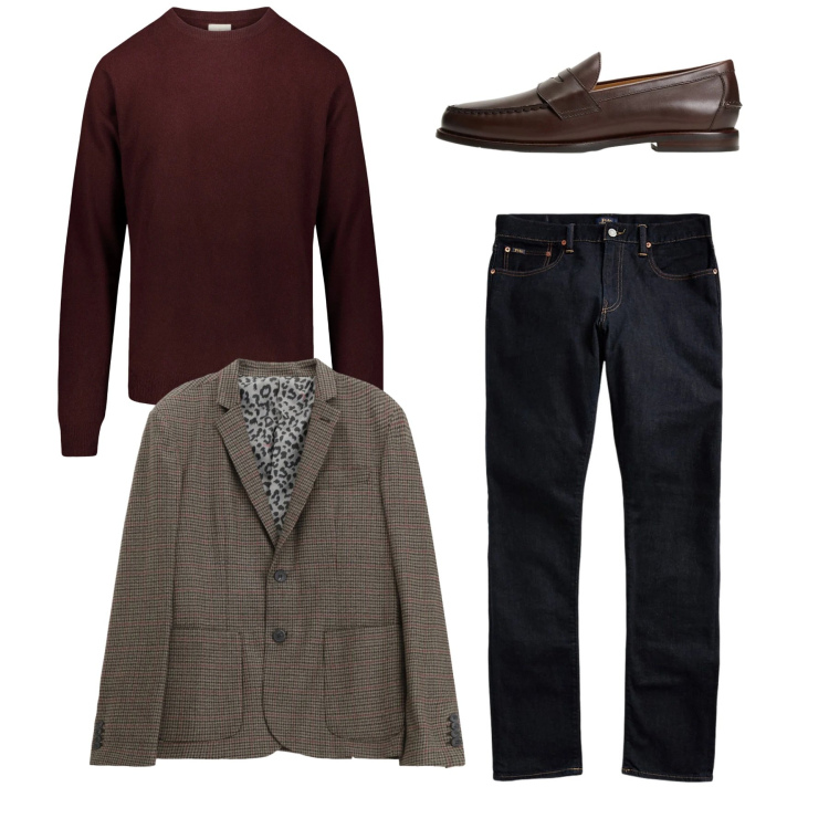 Outfit uomo - Total look in giacca. Stile Casual per Tutti i giorni. Abbinamento con giacche, jeans, scarpe stringate, maglieria.