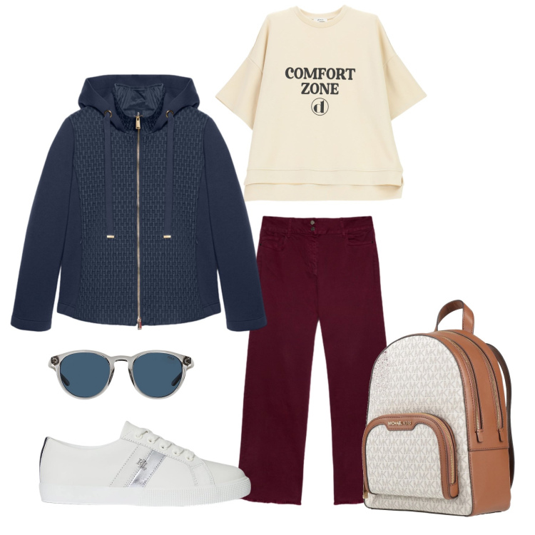 Outfit donna - Burgundy Comfort Zone. Stile Casual chic per Tutti i giorni. Abbinamento con zaini, t-shirt, occhiali da sole, sneakers, blazer, jeans dritti.