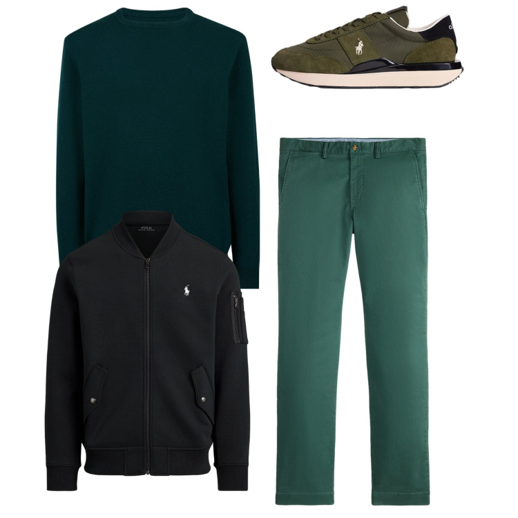 Outfit uomo - Total look. Stile Casual per Tutti i giorni. Abbinamento con sneakers, bomber, pantaloni chino, maglieria.