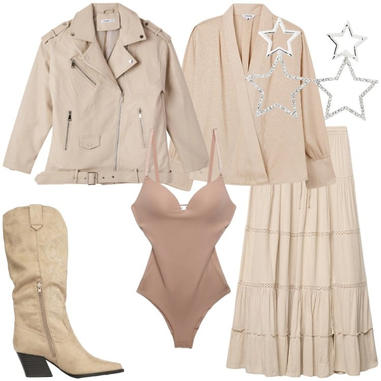 Outfit donna - Terranova - San Valentino. Stile Trendy per Serata fuori. Abbinamento con gonne lunghe, bluse, giacche, stivali, body, orecchini.