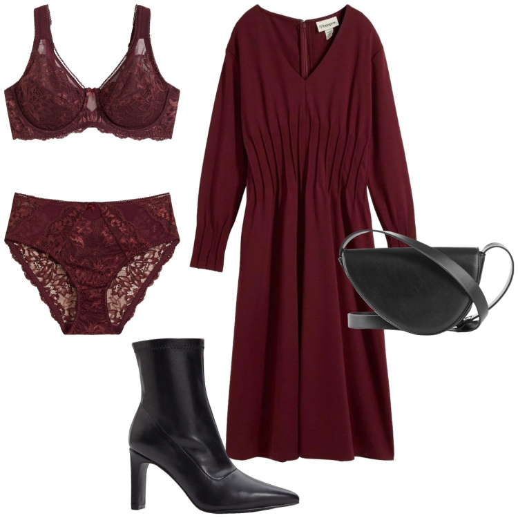 Outfit donna - Chic serata evento speciale. Stile Chic per Serata fuori. Abbinamento con stivaletti, borse a tracolla, reggiseni, culotte, vestiti.