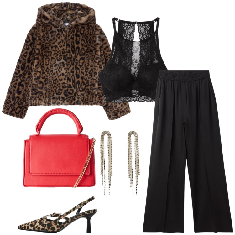 Outfit donna - Total look #2330404. Stile Sexy per Serata fuori. Abbinamento con ecopellicce, pantaloni, orecchini, borse a tracolla, bralette, décolleté.