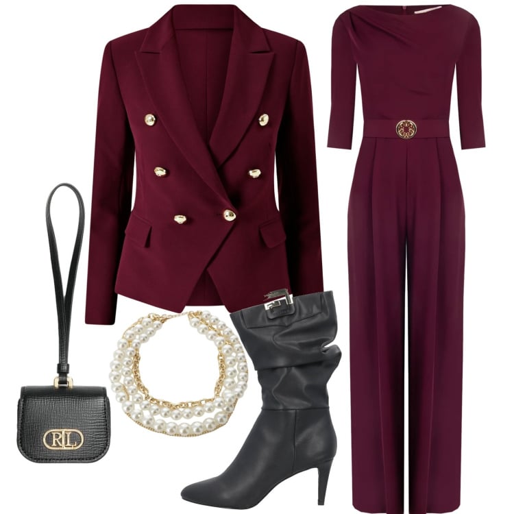 Outfit donna - Eleganza a febbraio. Stile Chic per Serata fuori. Abbinamento con stivali, tute, blazer, collane, pochette.