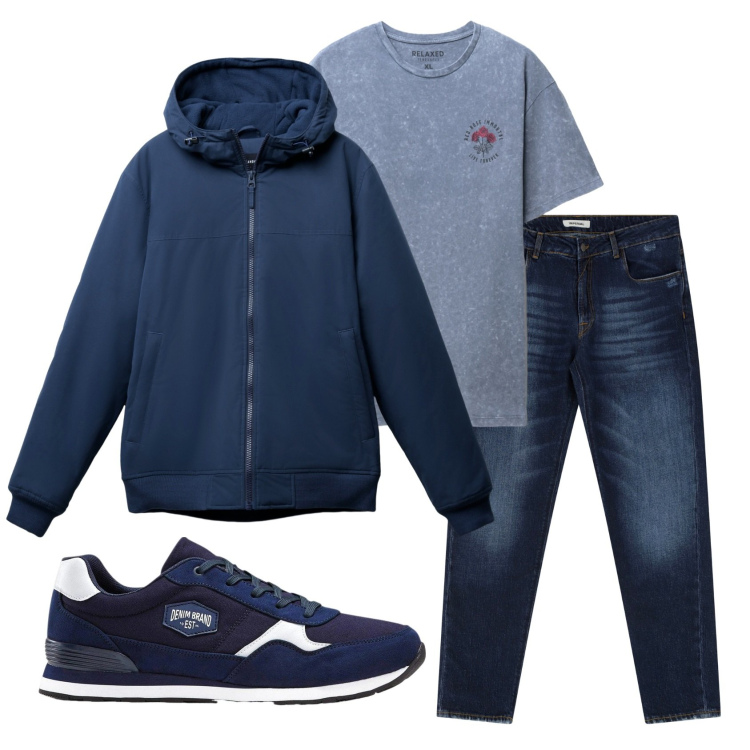 Outfit uomo - Total look #2330406. Stile Casual per Tutti i giorni. Abbinamento con sneakers, giacche, t-shirt, jeans dritti.