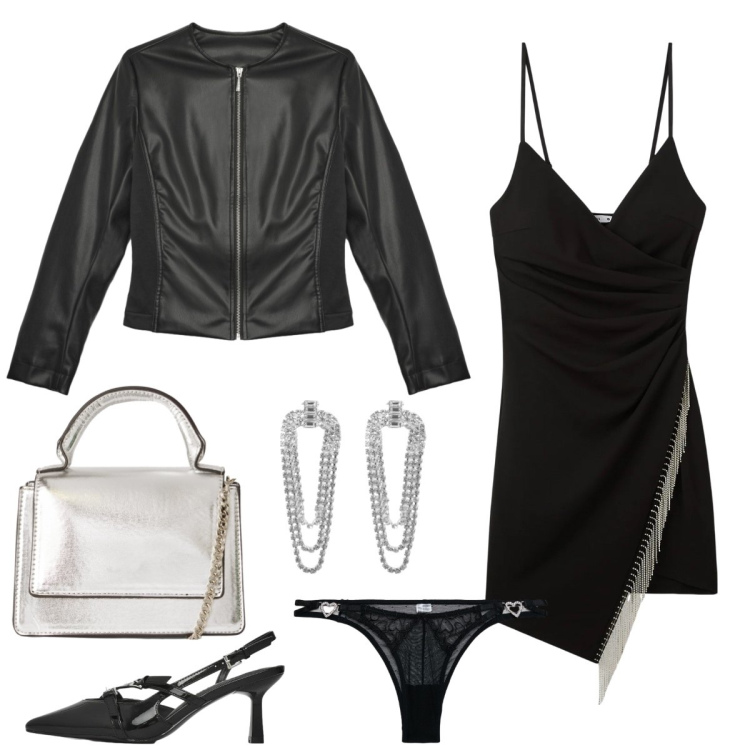 Outfit donna - Total look #2330407. Stile Rock per Serata fuori. Abbinamento con borse a tracolla, décolleté, giacche, perizomi, vestiti corti, orecchini.