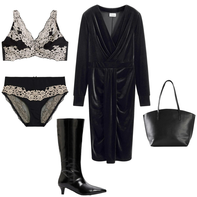 Outfit donna - Serata evento speciale. Stile Chic per Serata fuori. Abbinamento con shopping bag, culotte, stivali, vestiti midi/longuette, reggiseni.