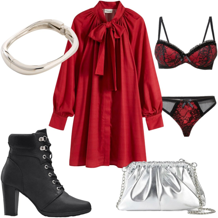 Outfit donna - Intimo Bonprix: rosso passione!. Stile Sexy per Serata fuori. Abbinamento con stivaletti, vestiti, braccialetti, borse a tracolla, reggiseni.