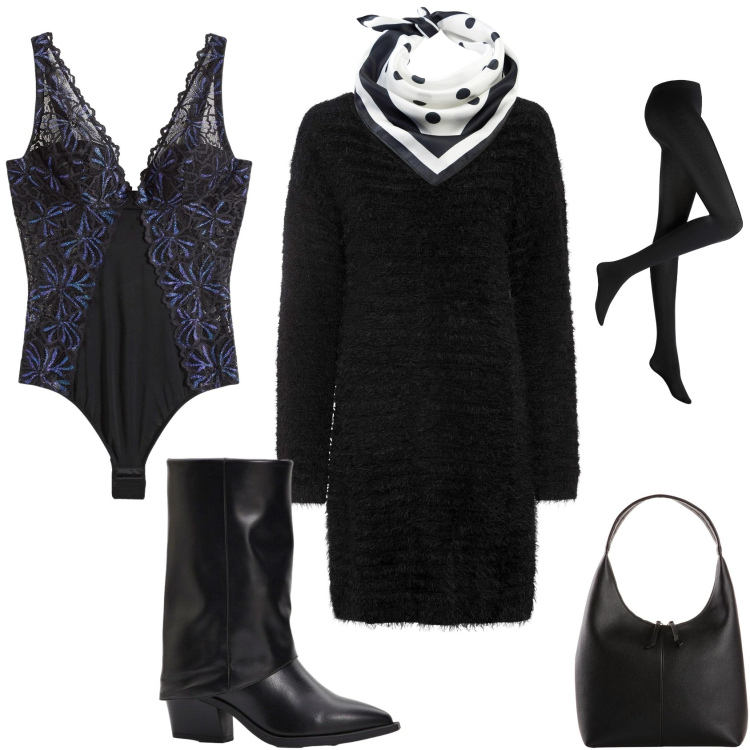 Outfit donna - Serata evento speciale. Stile Casual chic per Serata fuori. Abbinamento con collant, foulard, shopping bag, vestiti lunghi, body, stivali.