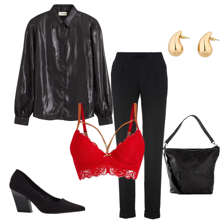 Outfit donna - Midnight Seduction & Silk. Stile Romantica per Serata fuori. Abbinamento con pantaloni, borse a spalla, camicie, reggiseni, orecchini, décolleté.