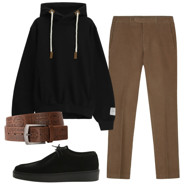 Outfit uomo - Total look #2330422. Stile Casual per Ufficio. Abbinamento con cinture, felpe con cappuccio, scarpe stringate, pantaloni.